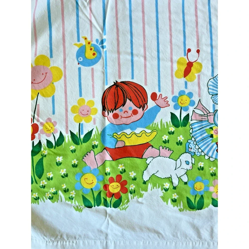 Vintage Smooth Perma Prest Twin Flat Sheet Kids Mother Goose Nursery Rhymes‎